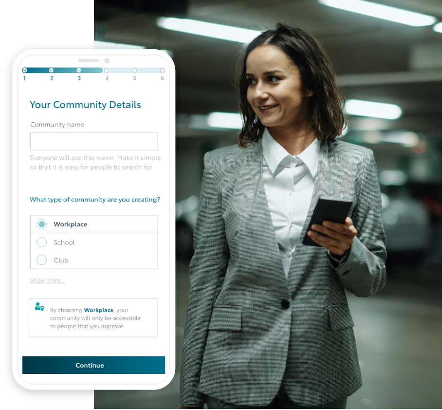 A screen from the KINTO Join carpool platform, combined with an image of a woman holding a mobile in a parking garage.