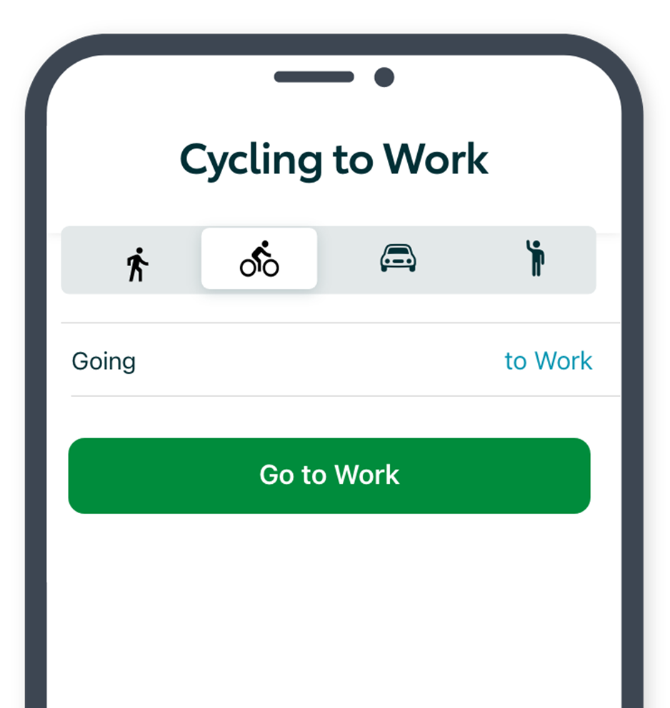 A mobile screen showing sustainable transport options available in KINTO Join– walking, cycling, and carpooling. The ‘Cycling to work’ option is selected.